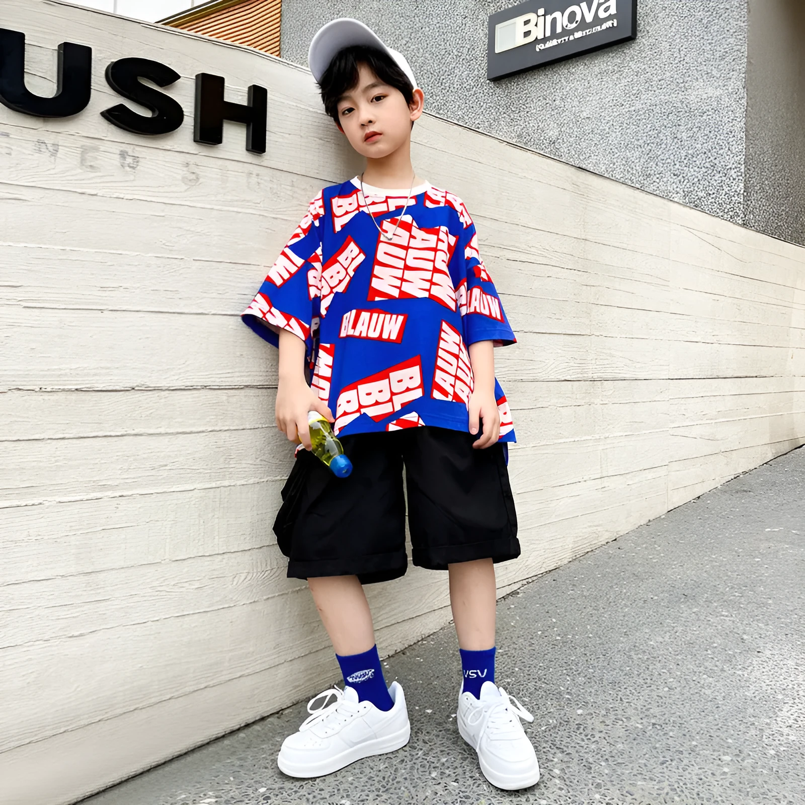 Boys summer cotton letter print hip-hop suit two-piece set in green, short sleeve pullover and five-point shorts