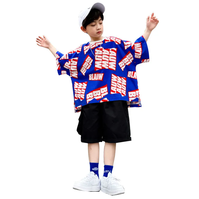 Boys summer cotton letter print hip-hop suit two-piece set in green, short sleeve pullover and five-point shorts