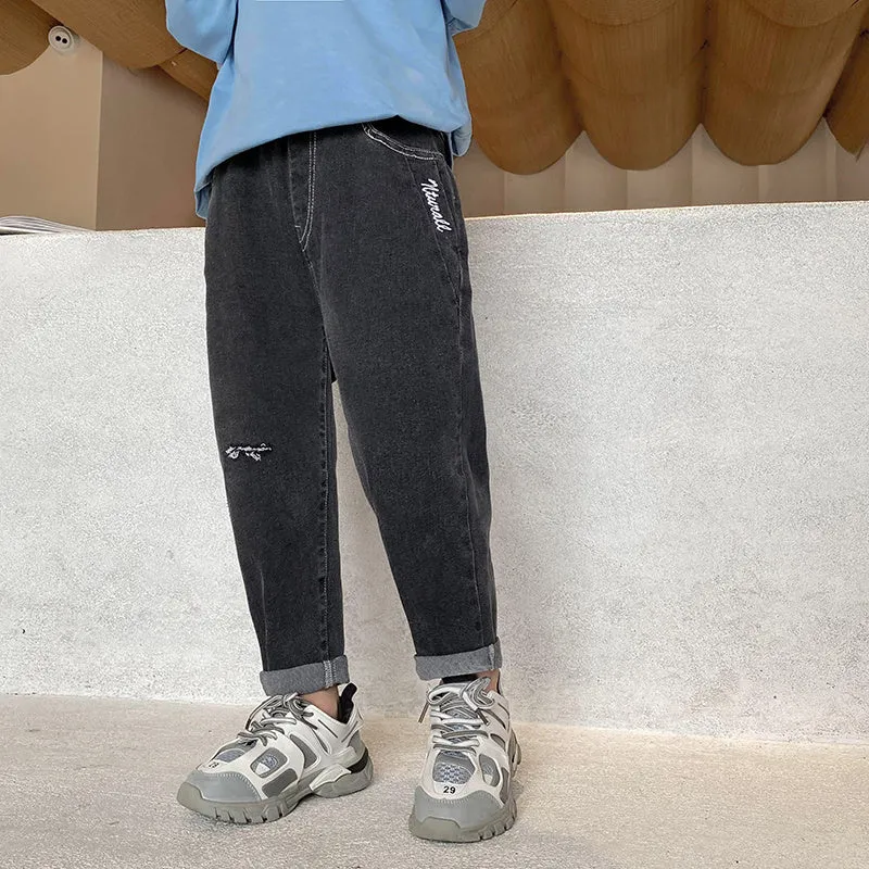 Boys' Korean-style cotton spandex jeans in black and blue for spring autumn, sizes 110cm to 160cm