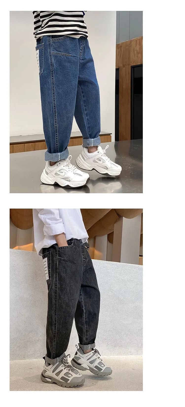 Boys' Korean-style cotton spandex jeans in black and blue for spring autumn, sizes 110cm to 160cm