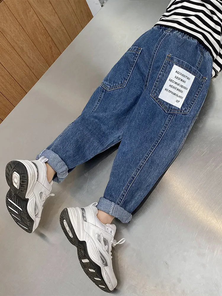 Boys' Korean-style cotton spandex jeans in black and blue for spring autumn, sizes 110cm to 160cm