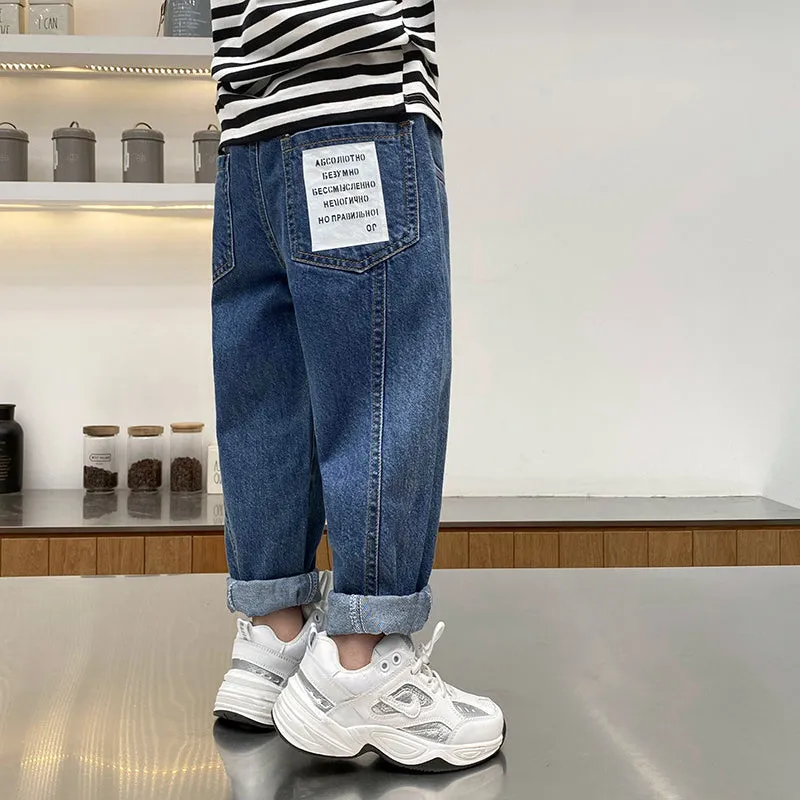 Boys' Korean-style cotton spandex jeans in black and blue for spring autumn, sizes 110cm to 160cm