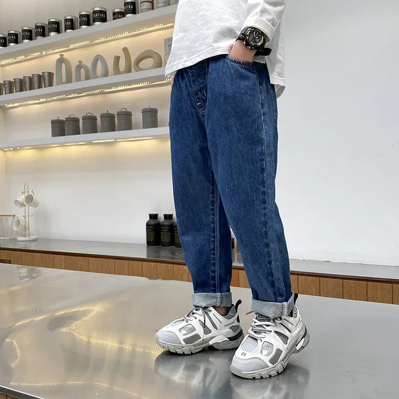 Boys' Korean-style cotton spandex jeans in black and blue for spring autumn, sizes 110cm to 160cm