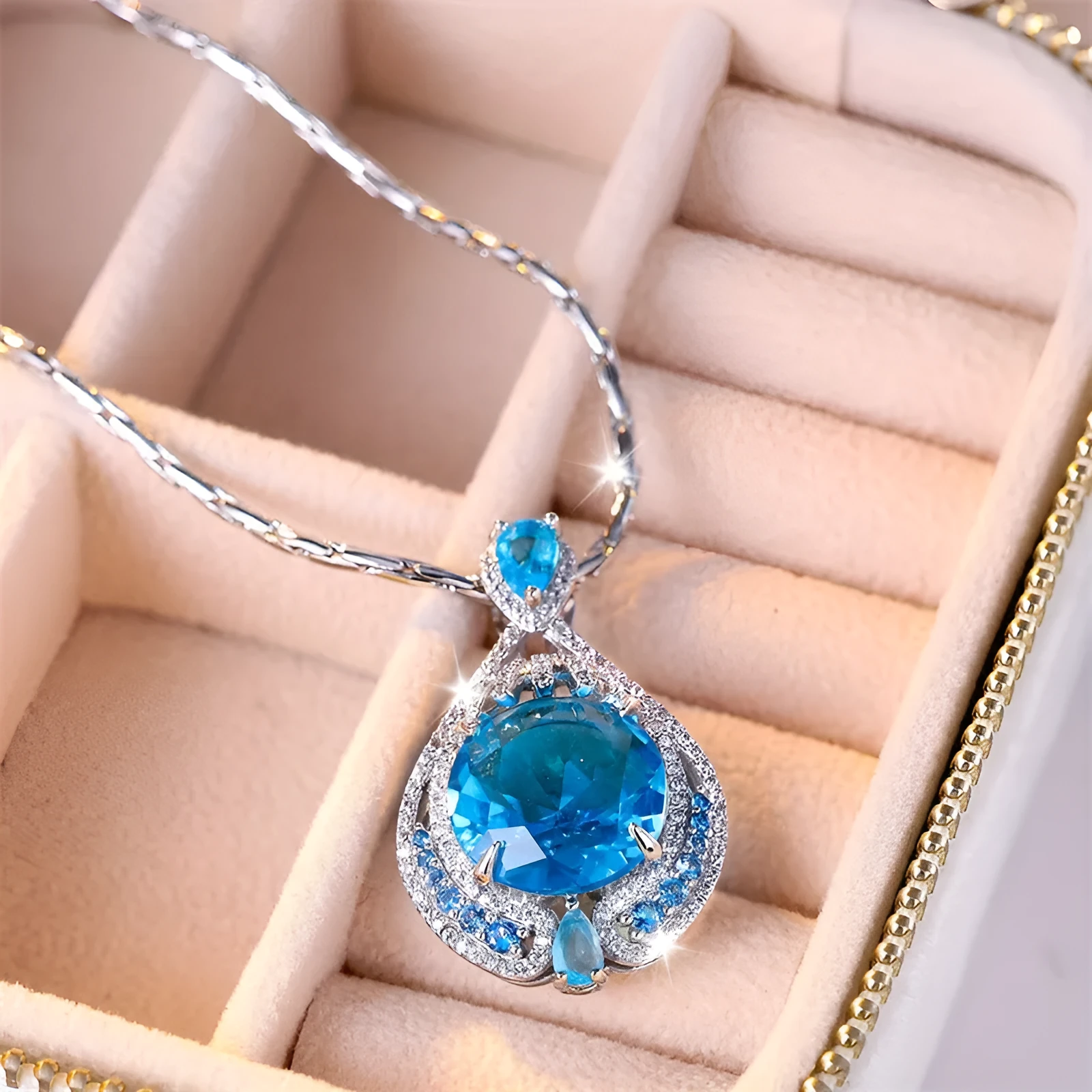 Blue geometric necklace with fireworks-cut crystal pendant on water wave chain