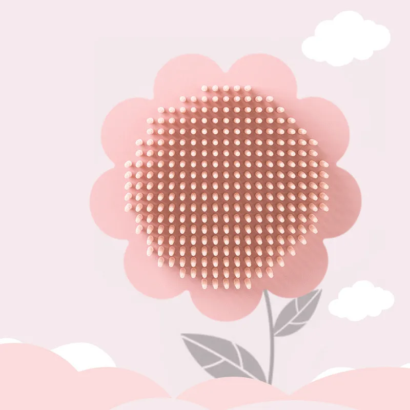 Baby silicone shampoo brush for dandruff removal in cherry blossom pink colour with soft bristles