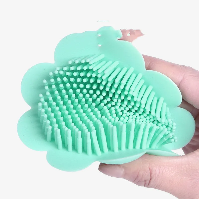 Baby silicone shampoo brush for dandruff removal in cherry blossom pink colour with soft bristles