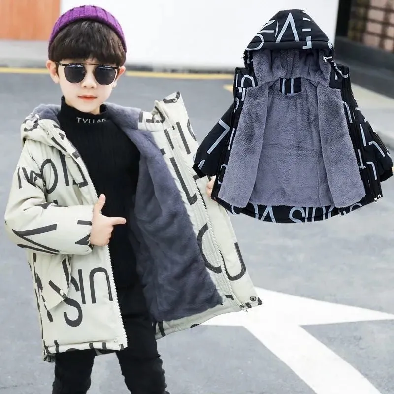 Children's thick padded Korean winter coat in beige with hood, zipper closure, and round collar for boys and girls