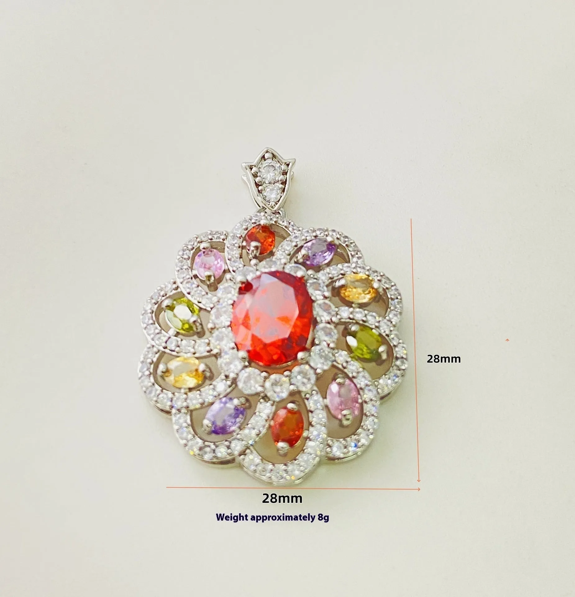 Close-up of a women's flower-shaped zircon pendant necklace in a gold electroplated finish.