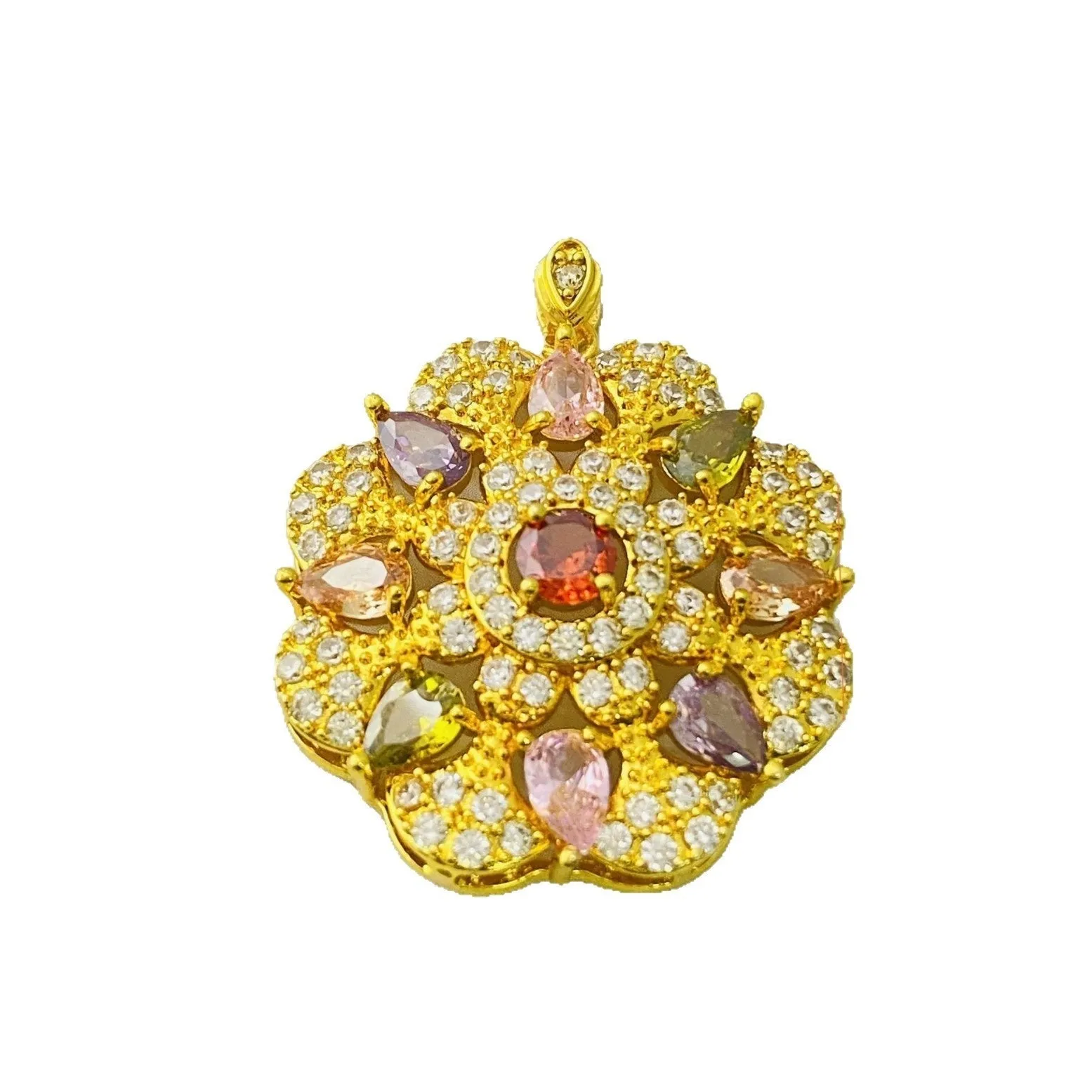 Close-up of a women's flower-shaped zircon pendant necklace in a gold electroplated finish.
