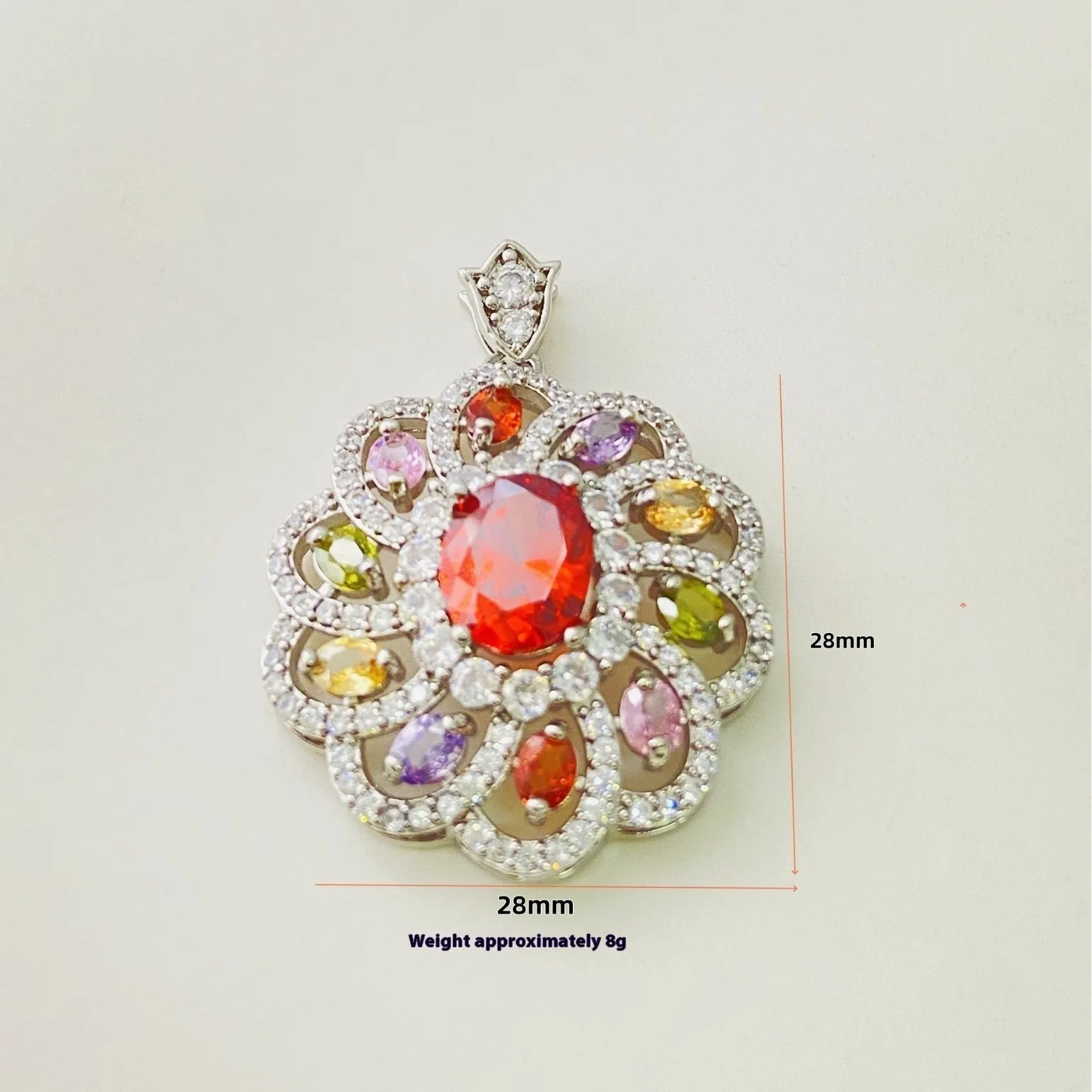 Close-up of a women's flower-shaped zircon pendant necklace in a gold electroplated finish.