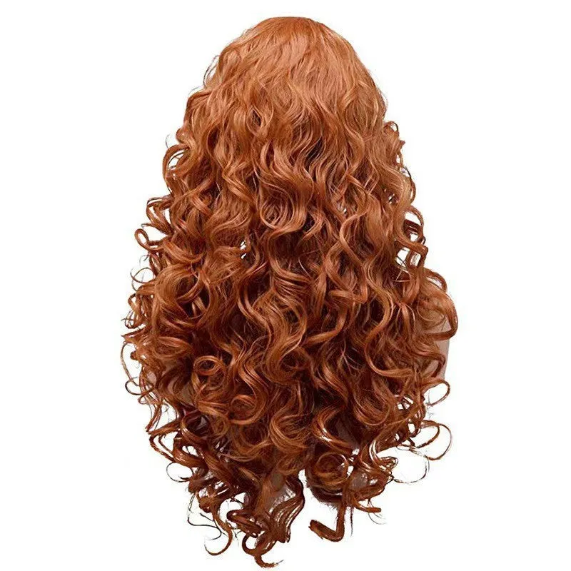 Brown long wavy curly synthetic wig on wig head for Halloween cosplay
