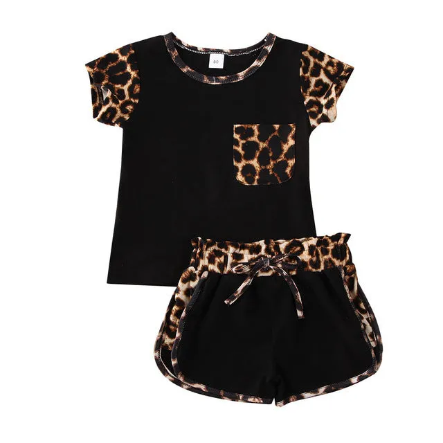 Girl's cotton blend outfit set in black with top and bottom, available in sizes 80 to 120 cm