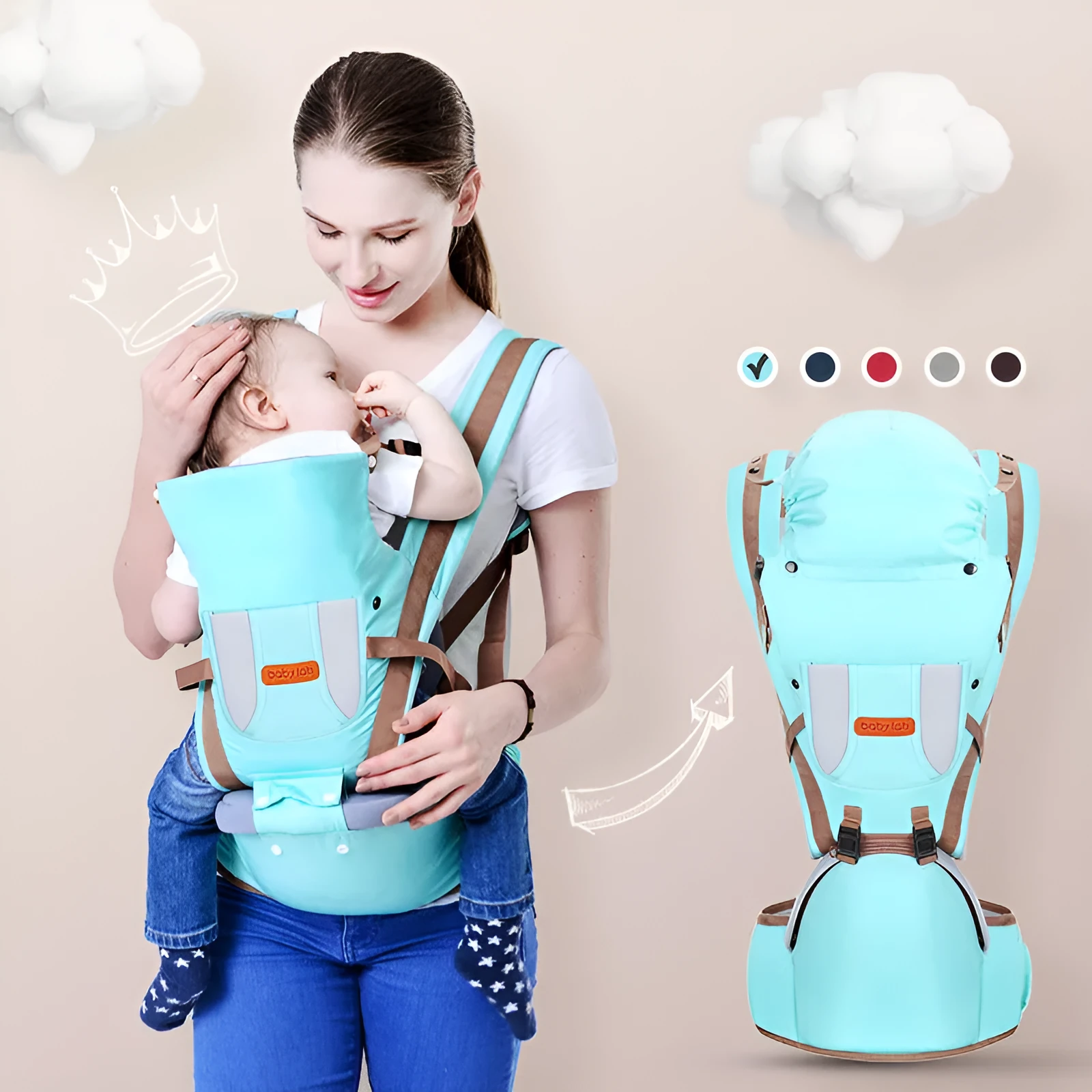 Multifunctional baby front cross holding strap in blue for secure waist stool carrying