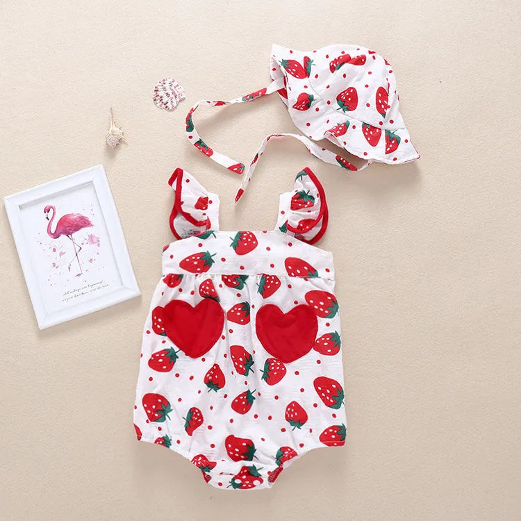 Cotton summer baby romper triangle jumpsuit in yellow with removable hat on white background