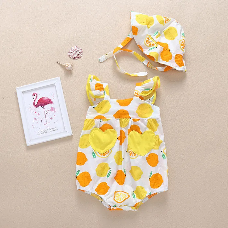 Cotton summer baby romper triangle jumpsuit in yellow with removable hat on white background