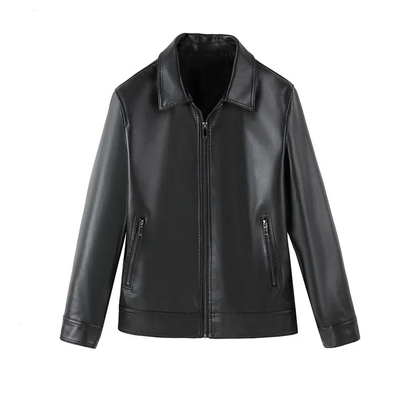 Men's black loose fit PU leather casual jacket with zipper pockets