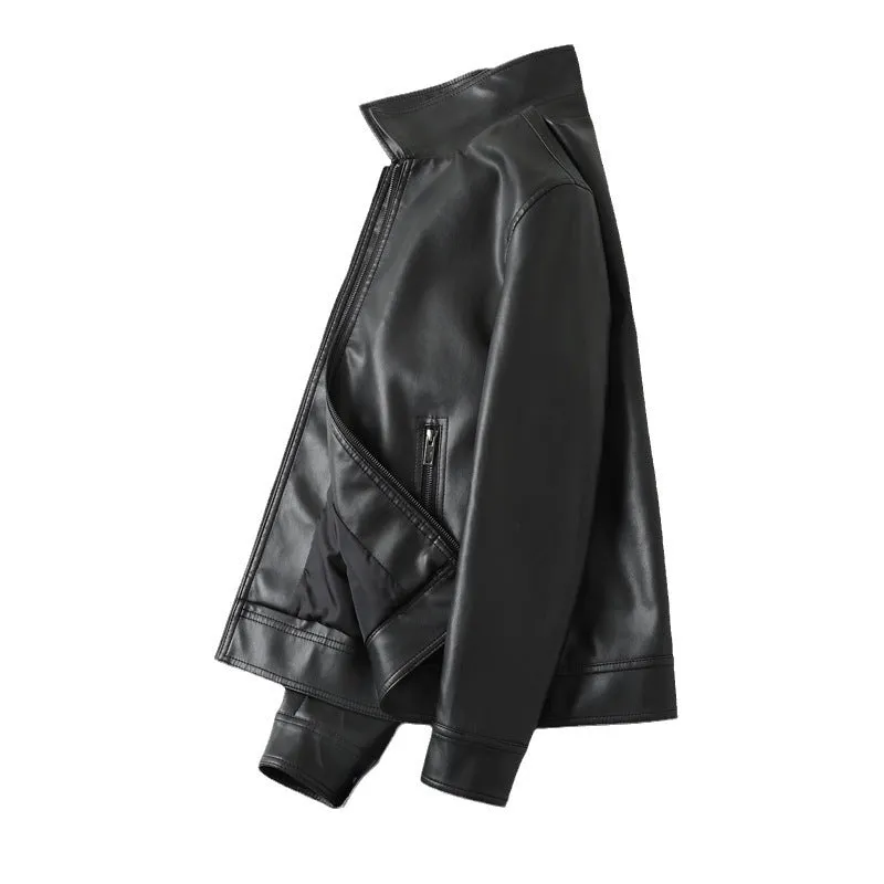 Men's black loose fit PU leather casual jacket with zipper pockets