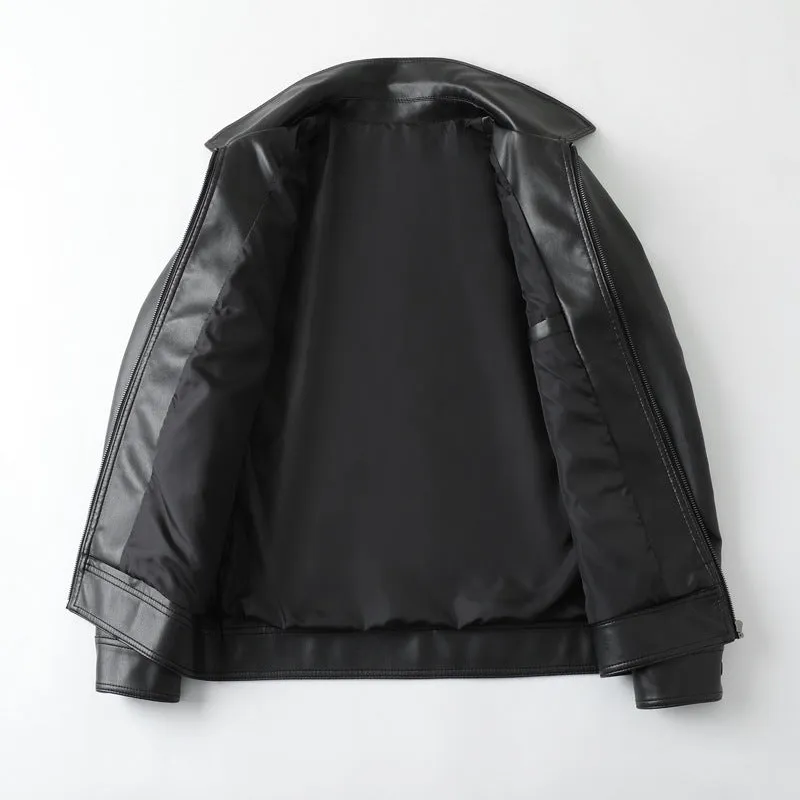 Men's black loose fit PU leather casual jacket with zipper pockets