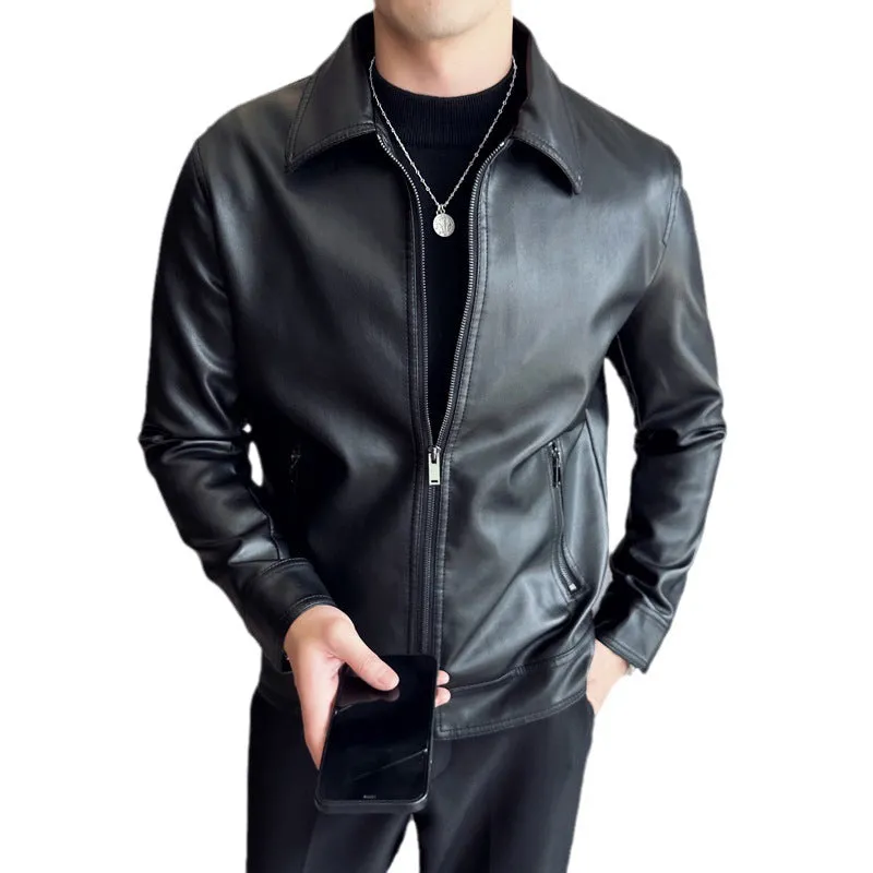 Men's black loose fit PU leather casual jacket with zipper pockets