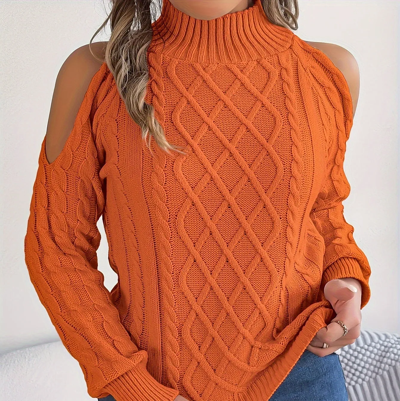 Gray women's strapless pullover sweater with a twisted knit pattern and lantern long sleeves.