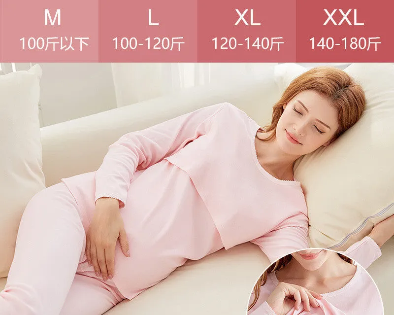 Korean style cotton nursing thermal set with cartoon print, round neck, long sleeves, and matching long trousers