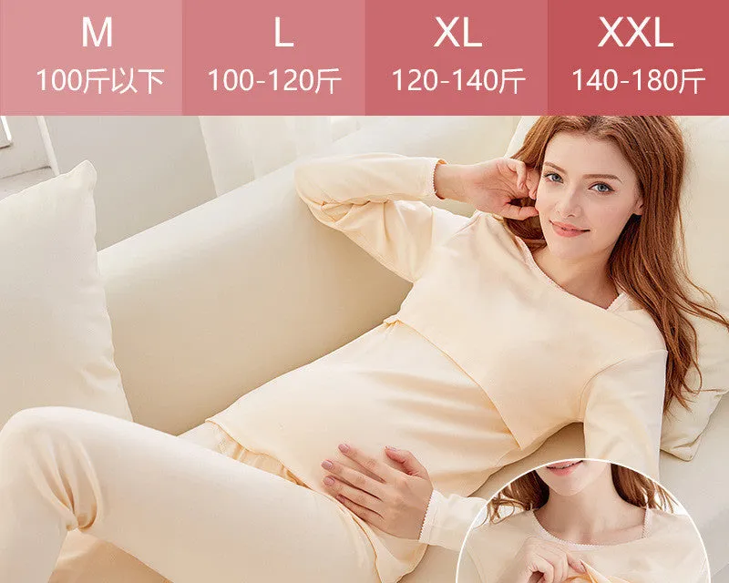 Korean style cotton nursing thermal set with cartoon print, round neck, long sleeves, and matching long trousers