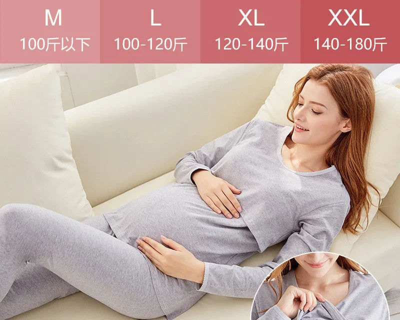 Korean style cotton nursing thermal set with cartoon print, round neck, long sleeves, and matching long trousers