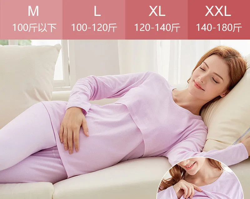 Korean style cotton nursing thermal set with cartoon print, round neck, long sleeves, and matching long trousers