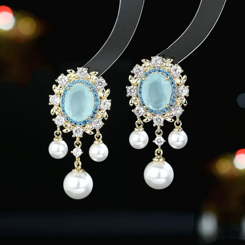 Oval geometric zircon and pearl tassel earrings in light purple colour option