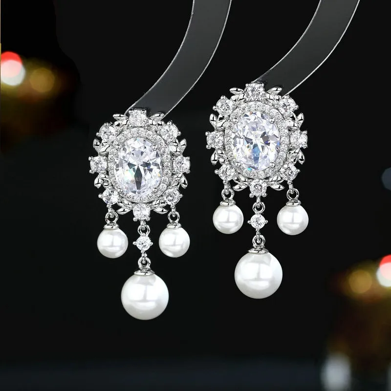 Oval geometric zircon and pearl tassel earrings in light purple colour option