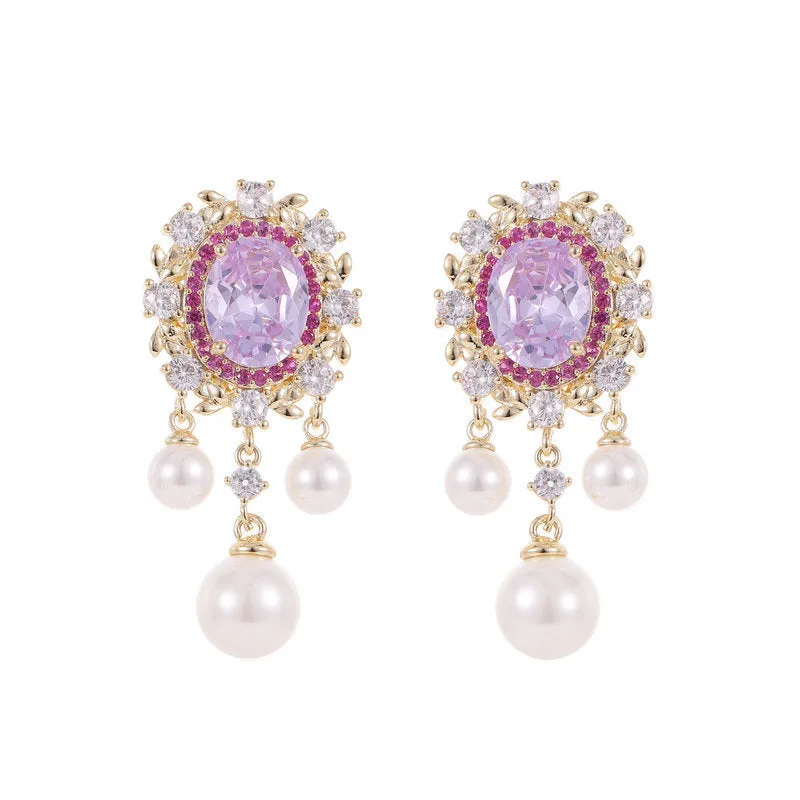 Oval geometric zircon and pearl tassel earrings in light purple colour option