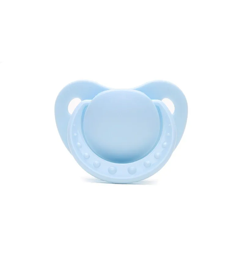 Soft silicone baby pacifier in beige on white background, size S, box packaging