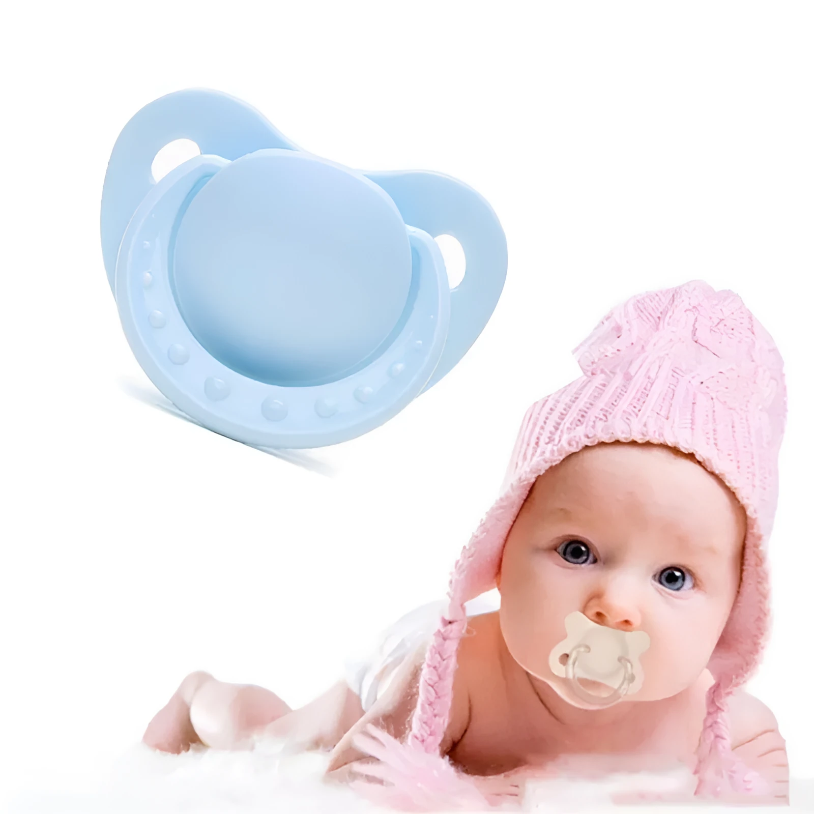 Soft silicone baby pacifier in beige on white background, size S, box packaging