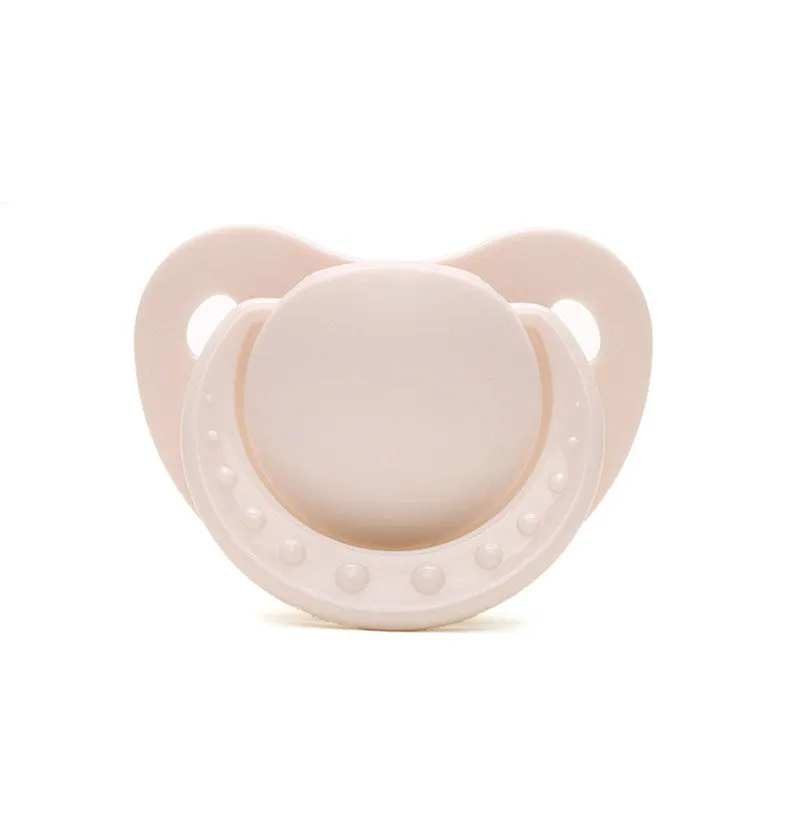 Soft silicone baby pacifier in beige on white background, size S, box packaging