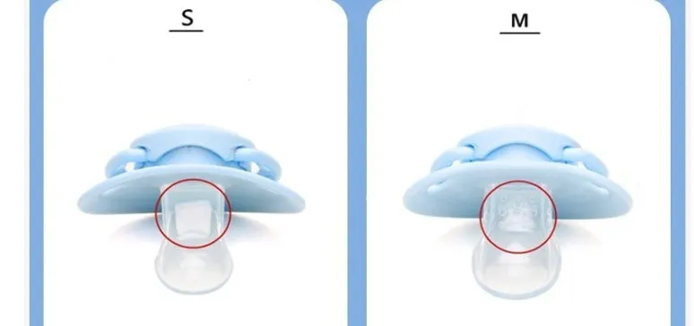 Soft silicone baby pacifier in beige on white background, size S, box packaging