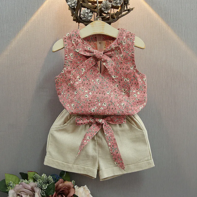 Sleeveless bow vest and shorts set for girls, cotton blend, floral khaki blue
