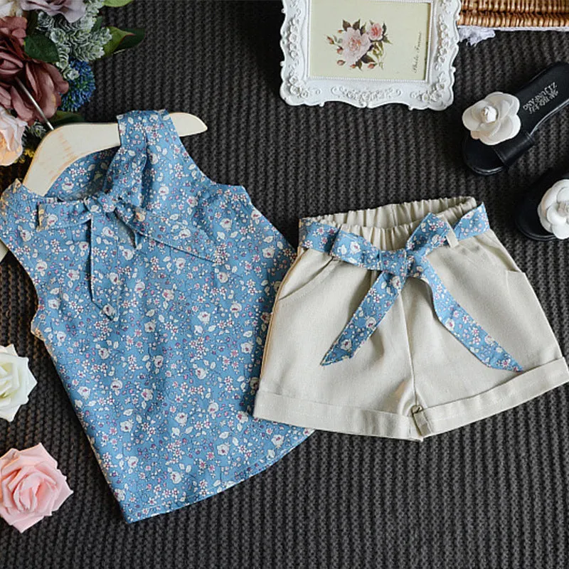 Sleeveless bow vest and shorts set for girls, cotton blend, floral khaki blue
