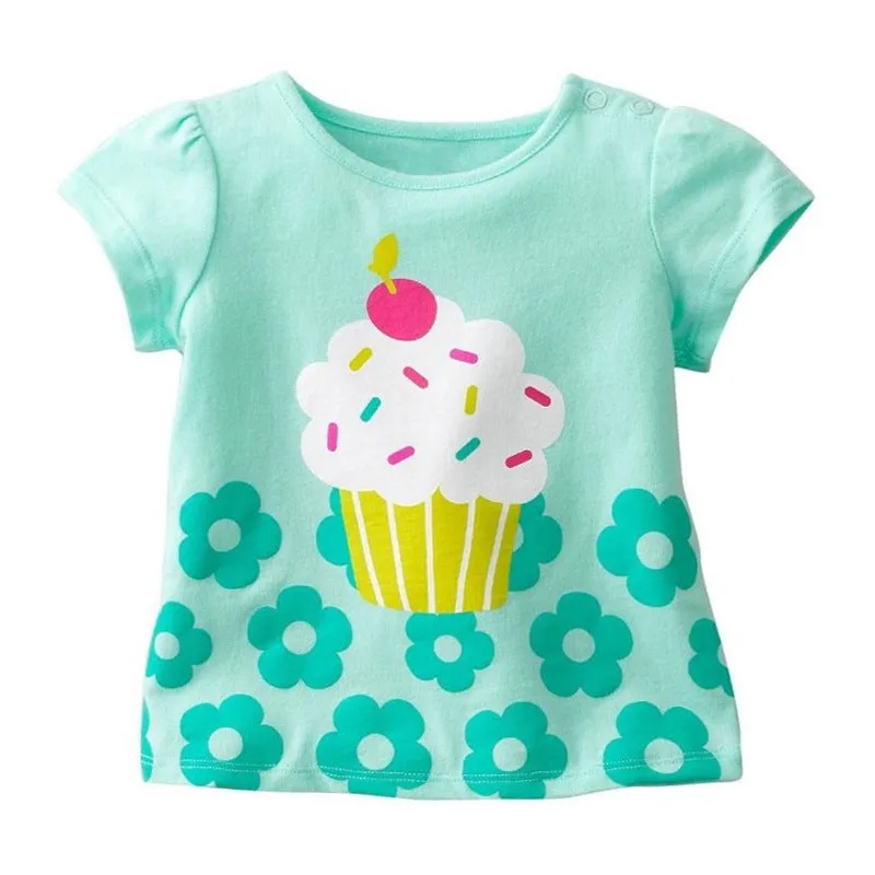 Girls cotton short-sleeved round neck T-shirt with cartoon pattern in 100% cotton, sizes 90-140 cm