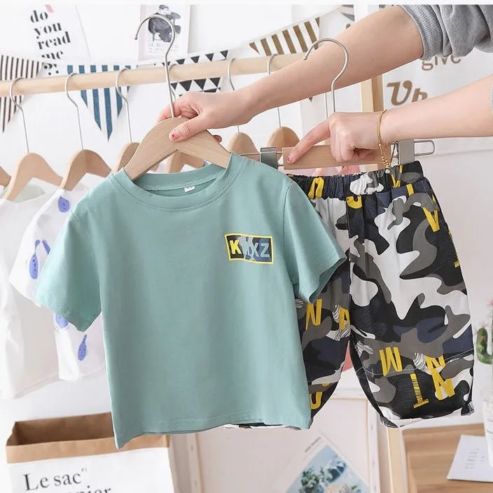 Children's cotton camouflage shorts summer suit in green and white for boys and girls sizes 90-140cm