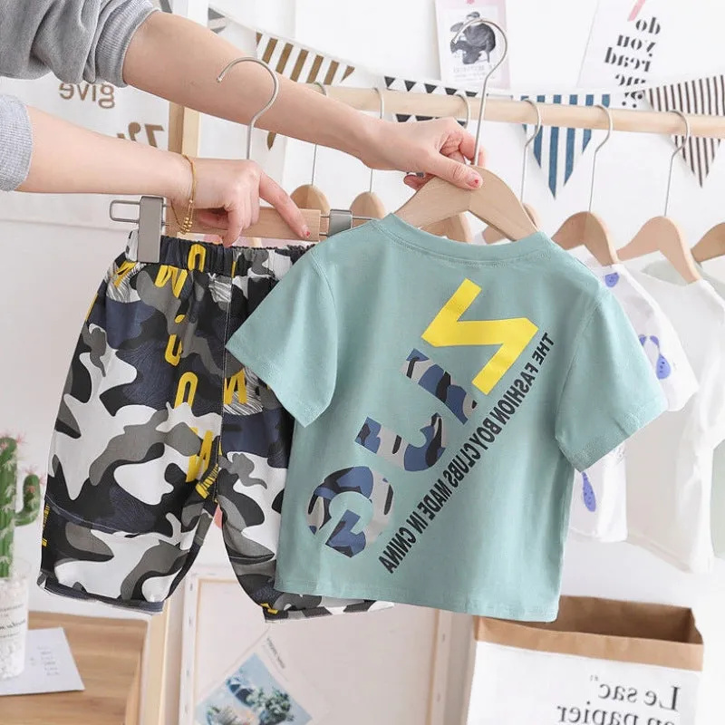 Children's cotton camouflage shorts summer suit in green and white for boys and girls sizes 90-140cm