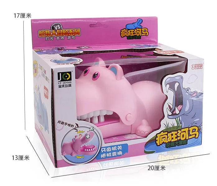 Multicoloured plastic bite hand animal interactive toy showing dog, crocodile, shark, and hippo designs