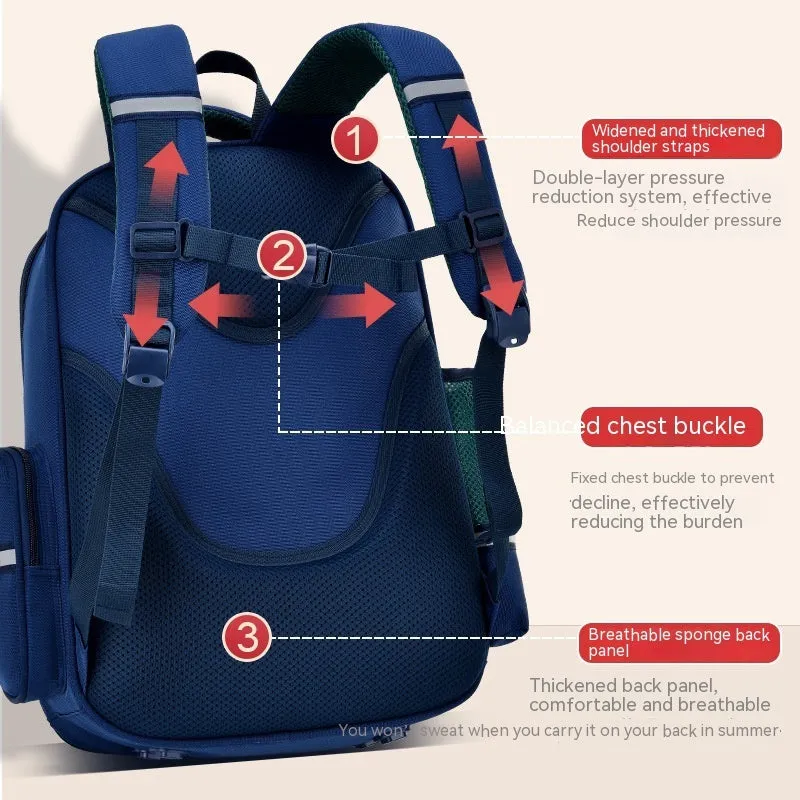 Primary school student schoolbag in Oxford cloth with burden alleviation, available in green, red, purple, and royal blue