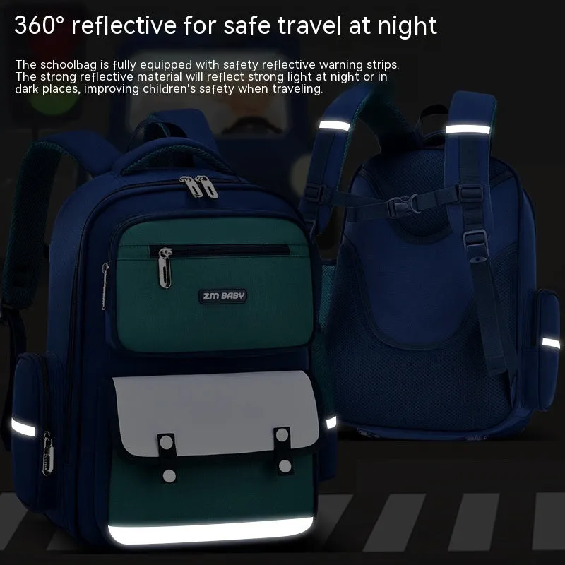Primary school student schoolbag in Oxford cloth with burden alleviation, available in green, red, purple, and royal blue