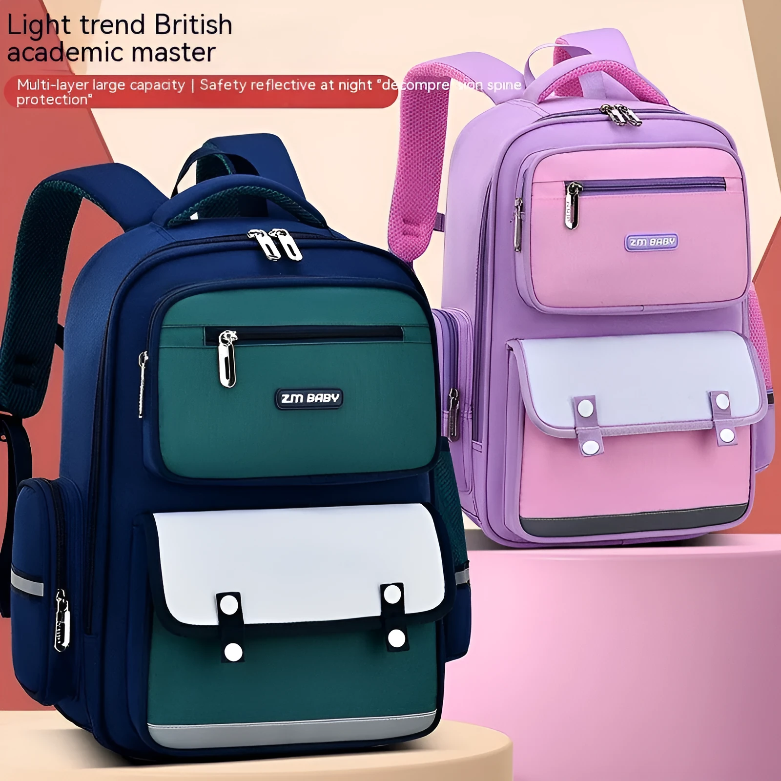 Primary school student schoolbag in Oxford cloth with burden alleviation, available in green, red, purple, and royal blue