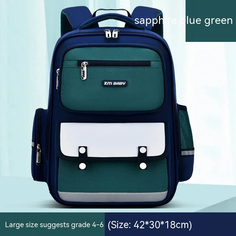 Primary school student schoolbag in Oxford cloth with burden alleviation, available in green, red, purple, and royal blue
