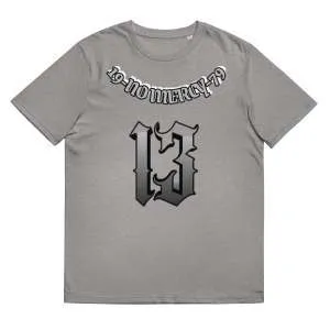Straight-cut grey cotton t-shirt with short sleeves and a round neck on a hanger.