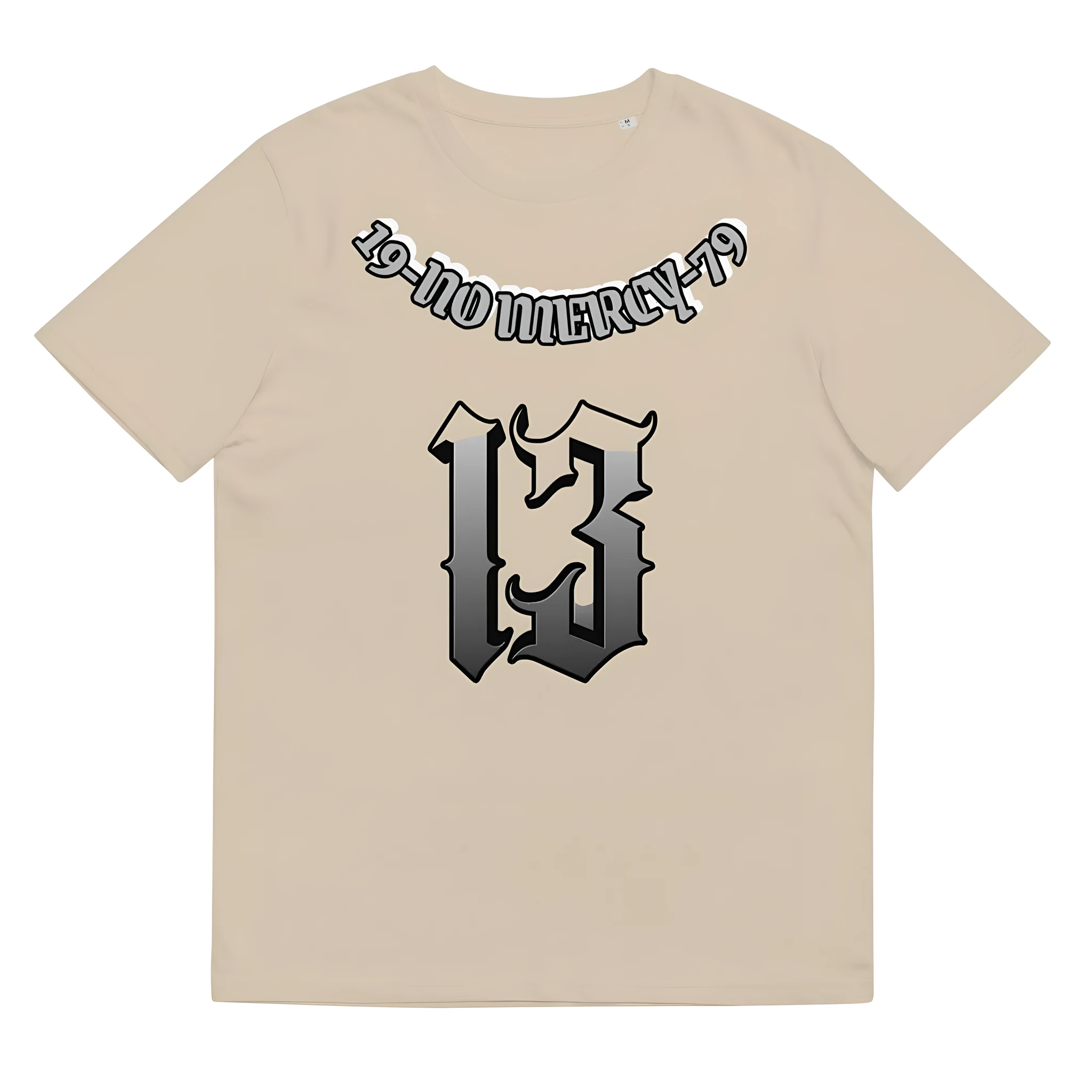 Straight-cut grey cotton t-shirt with short sleeves and a round neck on a hanger.