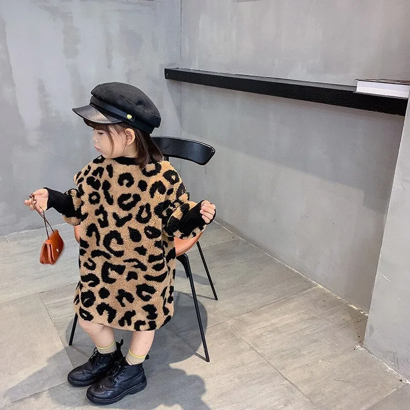 Girls long sleeve brown leopard print cotton blend top, sizes 80cm to 130cm