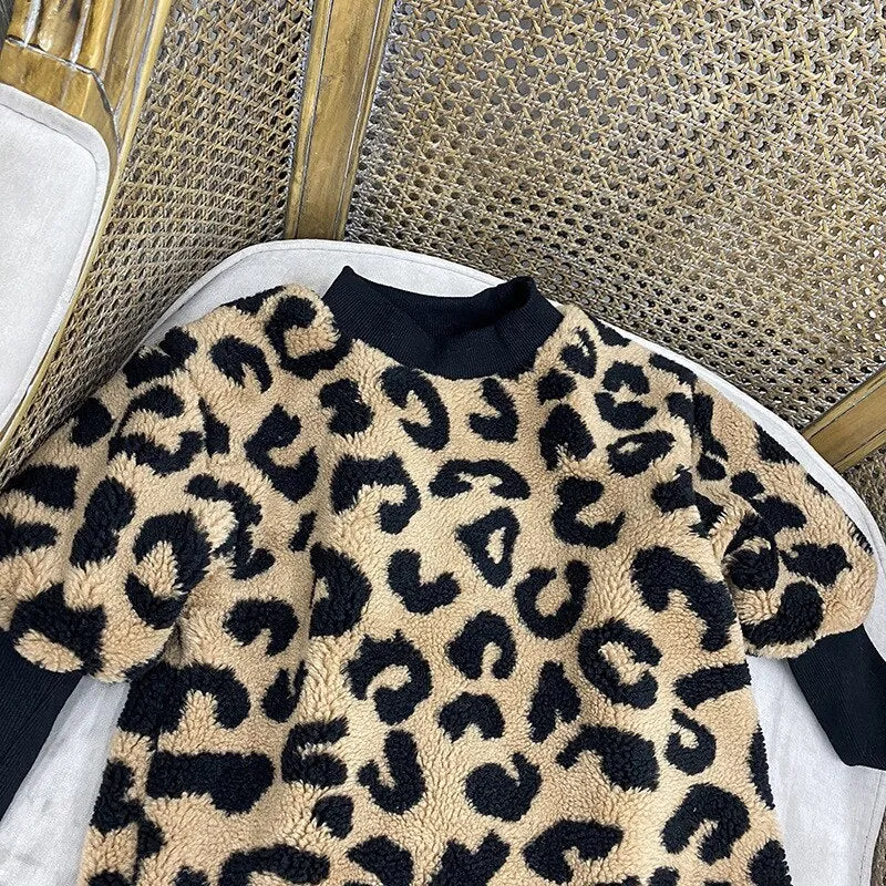 Girls long sleeve brown leopard print cotton blend top, sizes 80cm to 130cm
