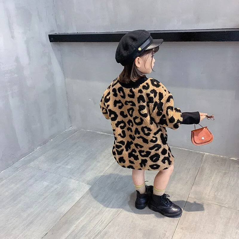 Girls long sleeve brown leopard print cotton blend top, sizes 80cm to 130cm